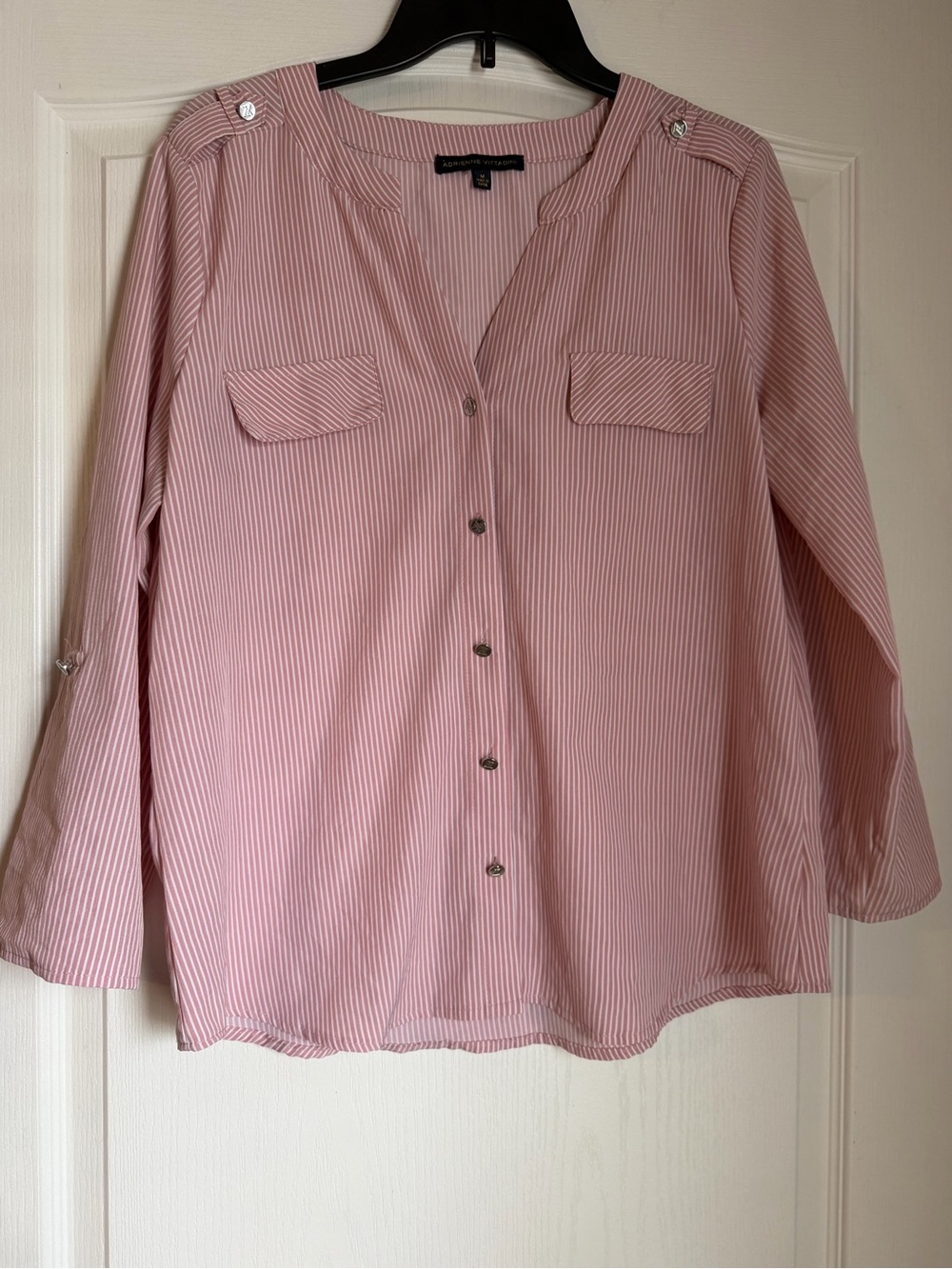 Pink and White Pinstripe Button Front Blouse Size Medium